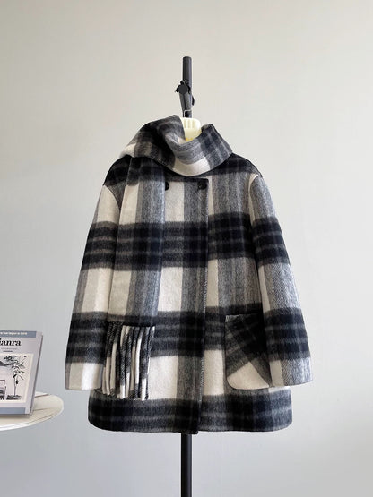 Film production skills tassel scarf winter new plaid thick double-sided wool velvet coat female woolen coat K610