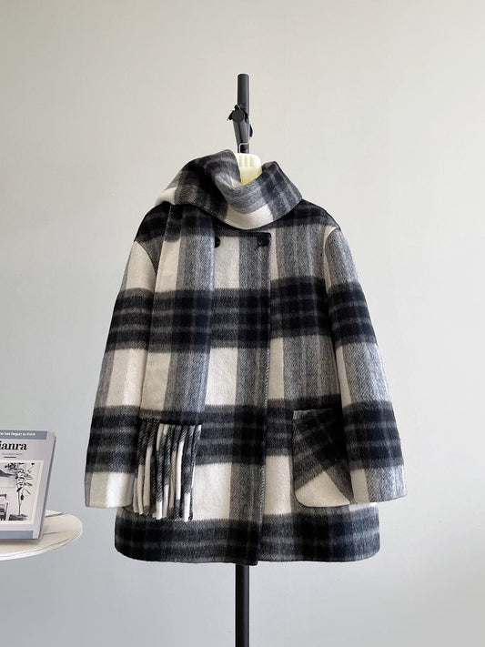 Film production skills tassel scarf winter new plaid thick double-sided wool velvet coat female woolen coat K610