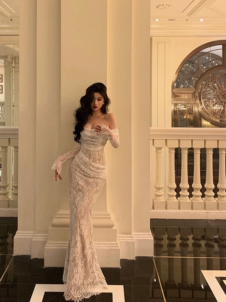 Godfrey lace fishtail long-sleeved dress for women 2024 spring new style pure lust temperament slim hip-covering long skirt