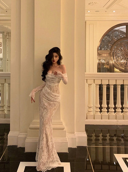 Godfrey lace fishtail long-sleeved dress for women 2024 spring new style pure lust temperament slim hip-covering long skirt