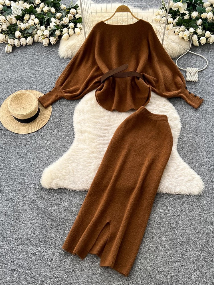 A sophisticated two-piece women's fashion set featuring a tie-waist, batwing sleeve knit top and a high-waisted pencil skirt.
