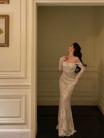 Godfrey lace fishtail long-sleeved dress for women 2024 spring new style pure lust temperament slim hip-covering long skirt