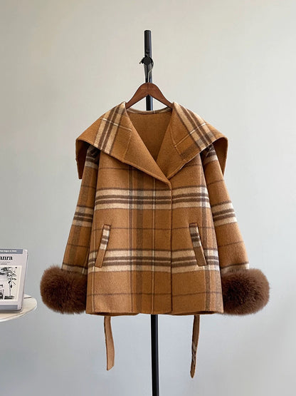 Strolling Champs-Elysées plaid cloak autumn and winter fox fur coat women's wool high-end double-faced cashmere coat K620