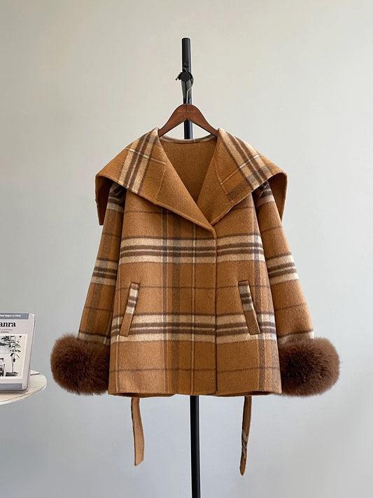 Strolling Champs-Elysées plaid cloak autumn and winter fox fur coat women's wool high-end double-faced cashmere coat K620