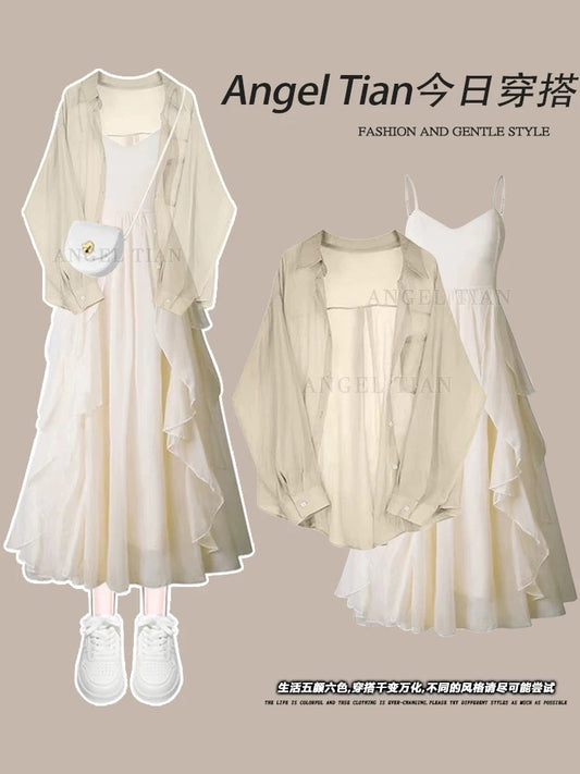This year's popular beautiful suit skirt women's summer dopamine thin sunscreen shirt French suspender dress two-piece suit