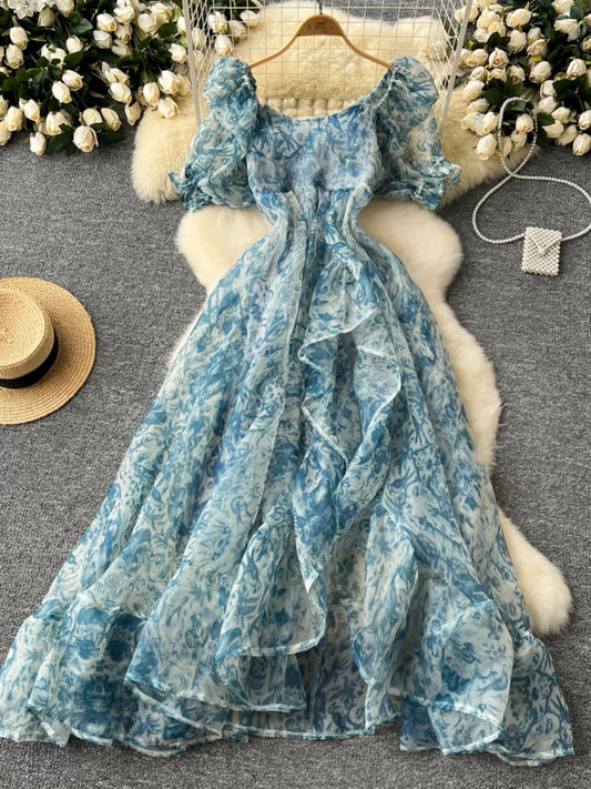 Organza square neck puff sleeve dress, French style, ethereal and elegant, waist-cinching, ruffled, full-length vacation dress.