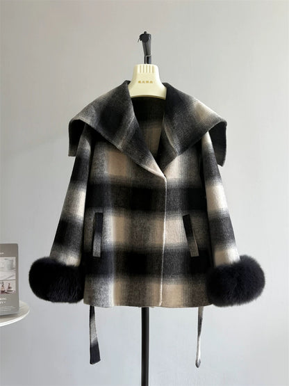 Strolling Champs-Elysées plaid cloak autumn and winter fox fur coat women's wool high-end double-faced cashmere coat K620