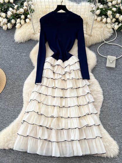 French-style, elegant floral round neck long-sleeved knit patchwork dress with a tiered cake design.