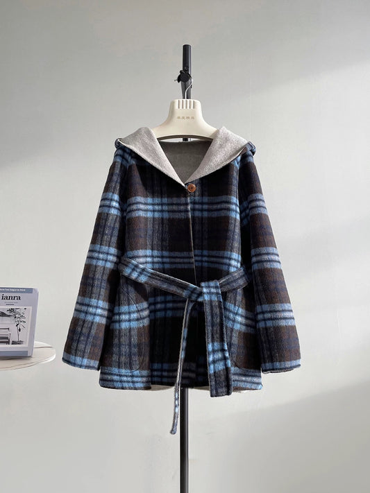 Saturn hooded two-way plaid double-faced wool velvet coat short female petite age-reducing Korean woolen coat K489