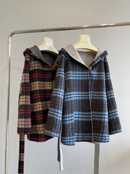 Saturn hooded two-way plaid double-faced wool velvet coat short female petite age-reducing Korean woolen coat K489