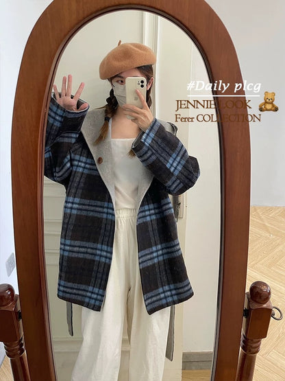 Saturn hooded two-way plaid double-faced wool velvet coat short female petite age-reducing Korean woolen coat K489