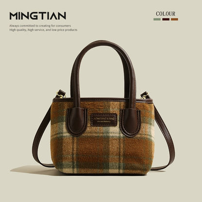 MINGTIAN woolen bag women's autumn and winter versatile handbag 2024 new high-end retro plaid bucket bag