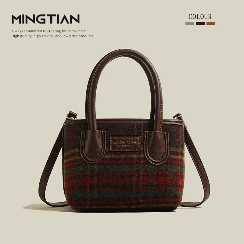 MINGTIAN woolen bag women's autumn and winter versatile handbag 2024 new high-end retro plaid bucket bag