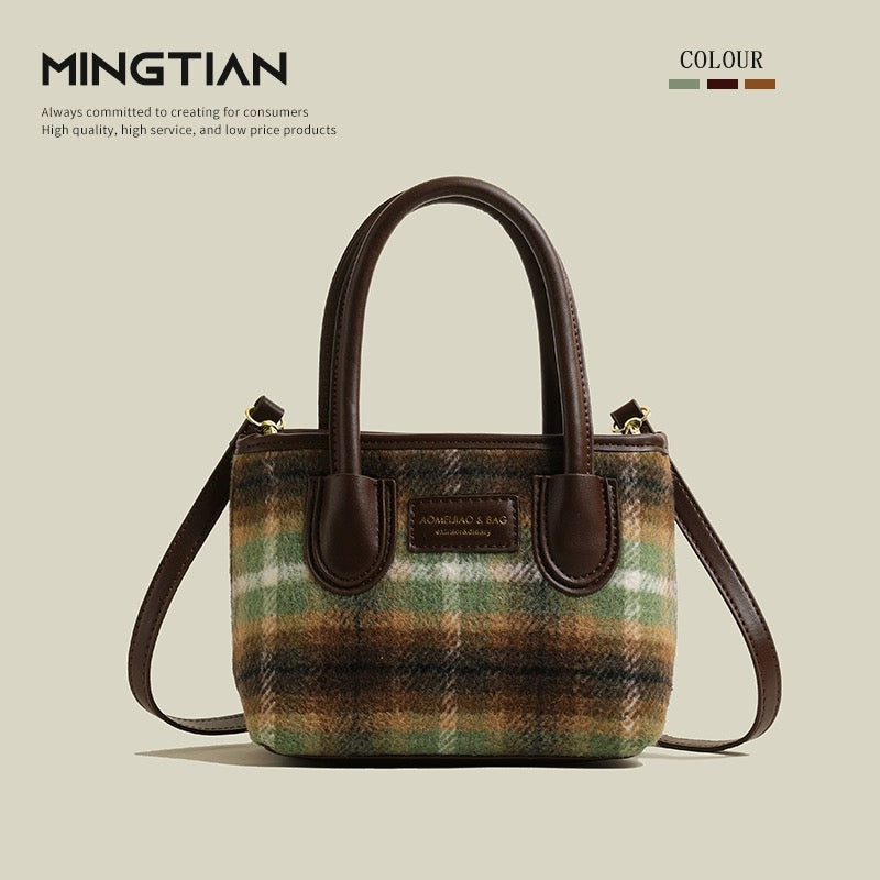 MINGTIAN woolen bag women's autumn and winter versatile handbag 2024 new high-end retro plaid bucket bag