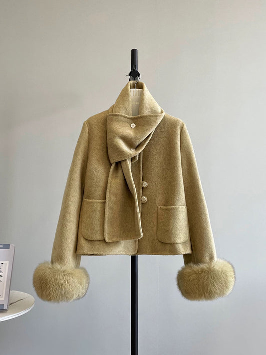 Sweet melon detachable scarf double-sided wool velvet small fragrance style small woolen coat female fox fur sleeves K549