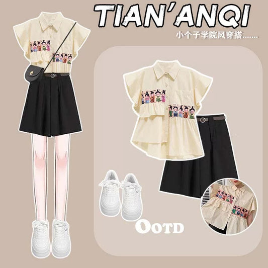 Summer clothes with a complete set of small dopamine wear to reduce age and make you look thin, small dress sleeveless top shorts suit