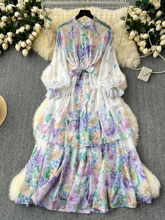 Floral print resort-style dress for women, French retro elegant floral print, tie-waist cinched waist, super fairy chiffon dress