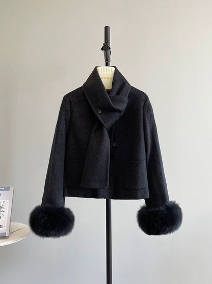 Sweet melon detachable scarf double-sided wool velvet small fragrance style small woolen coat female fox fur sleeves K549
