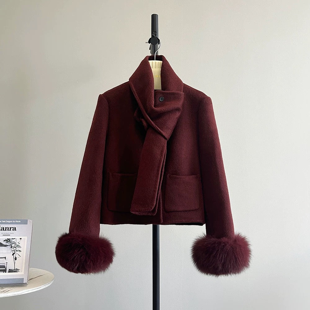 Sweet melon detachable scarf double-sided wool velvet small fragrance style small woolen coat female fox fur sleeves K549