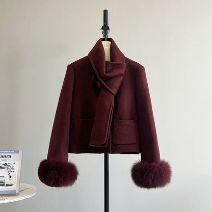 Sweet melon detachable scarf double-sided wool velvet small fragrance style small woolen coat female fox fur sleeves K549