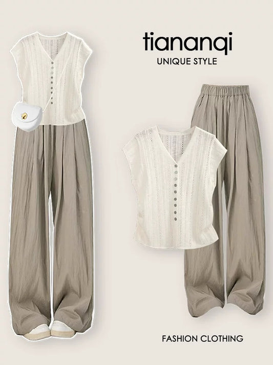 Pure desire style hollow knitted cardigan summer thin short-sleeved outer sleeveless top elegant Zen style casual trousers