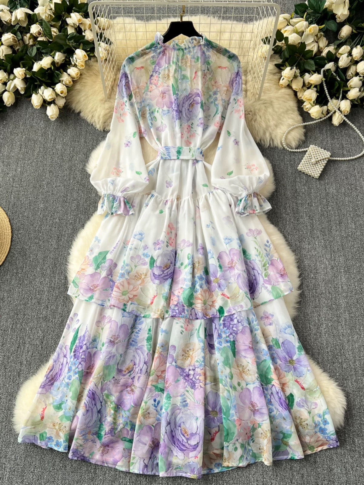 Floral print resort-style dress for women, French retro elegant floral print, tie-waist cinched waist, super fairy chiffon dress