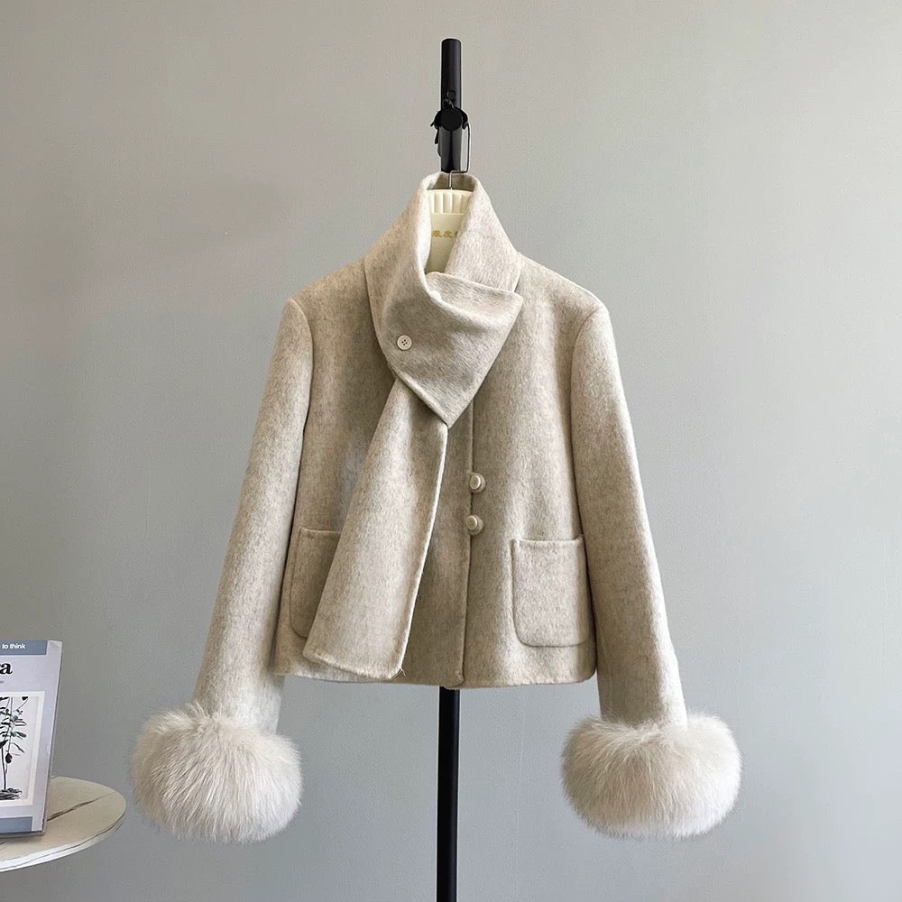 Sweet melon detachable scarf double-sided wool velvet small fragrance style small woolen coat female fox fur sleeves K549