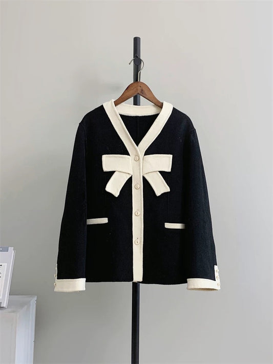 24 autumn and winter new Hong Kong style retro bow small fragrance style double-sided wool coat contrast color short wool coat female k107