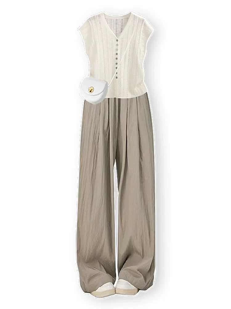 Pure desire style hollow knitted cardigan summer thin short-sleeved outer sleeveless top elegant Zen style casual trousers