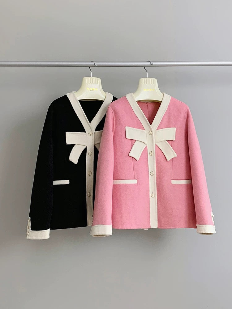 24 autumn and winter new Hong Kong style retro bow small fragrance style double-sided wool coat contrast color short wool coat female k107