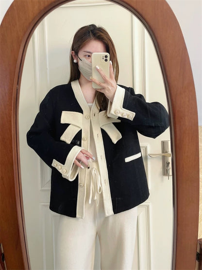 24 autumn and winter new Hong Kong style retro bow small fragrance style double-sided wool coat contrast color short wool coat female k107