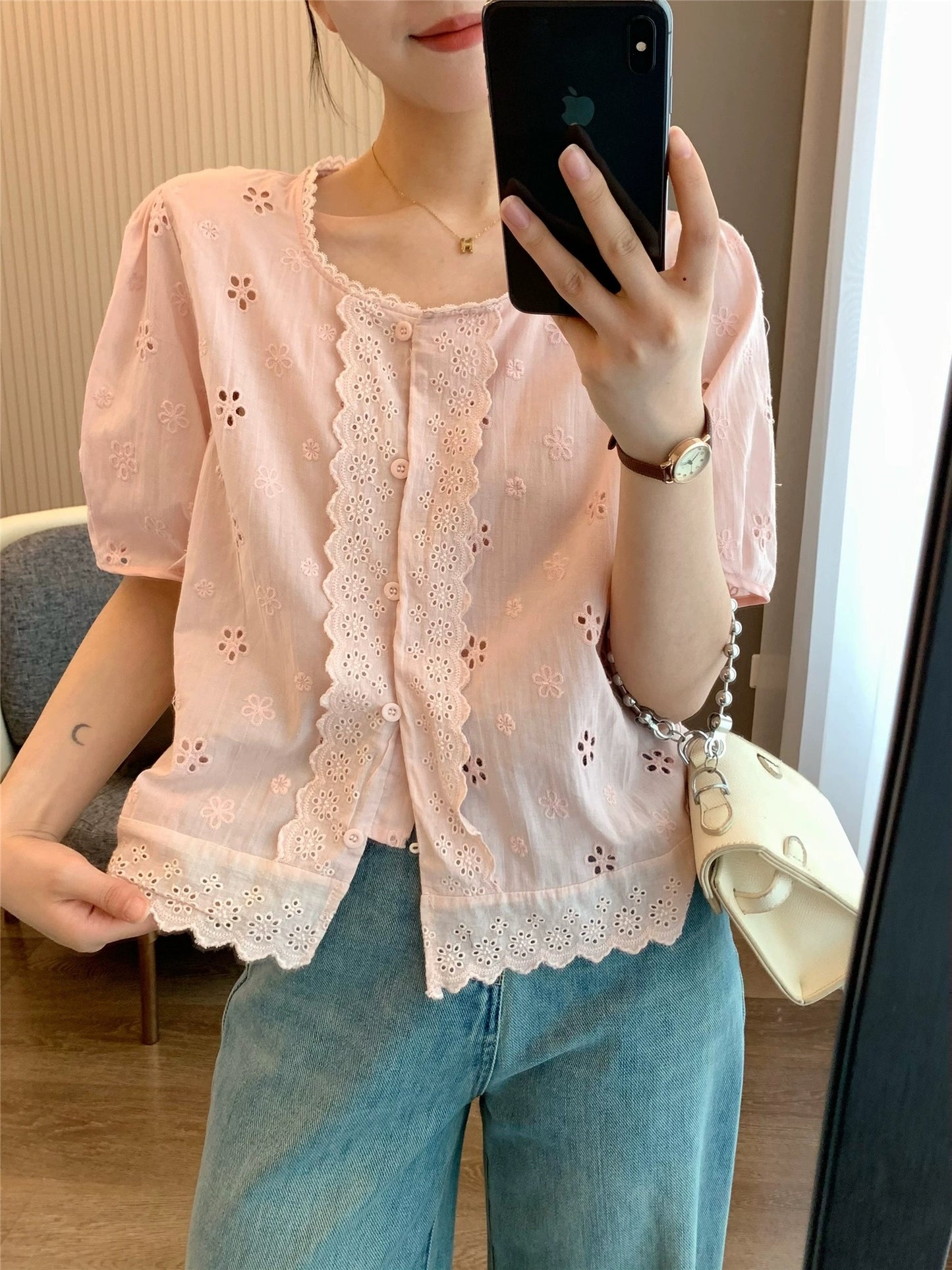 IN BLUE 24 new summer style 100 cotton sweet age-reducing lace round neck flower hollow shirt top