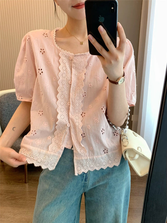 IN BLUE 24 new summer style 100 cotton sweet age-reducing lace round neck flower hollow shirt top