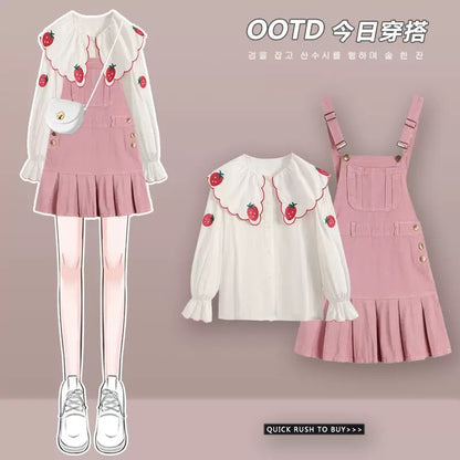 Large size spring professional suit for women, college style outfit, salty or sweet shirt, slimming suspender dress, two-piece suit