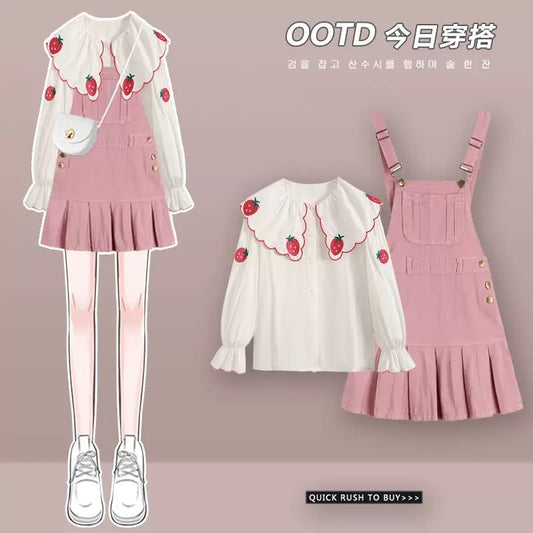 Large size spring professional suit for women, college style outfit, salty or sweet shirt, slimming suspender dress, two-piece suit