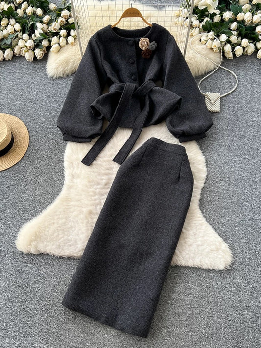 French-style women's autumn/winter sophisticated three-dimensional floral tie-waist lantern sleeve top and high-waisted bodycon skirt