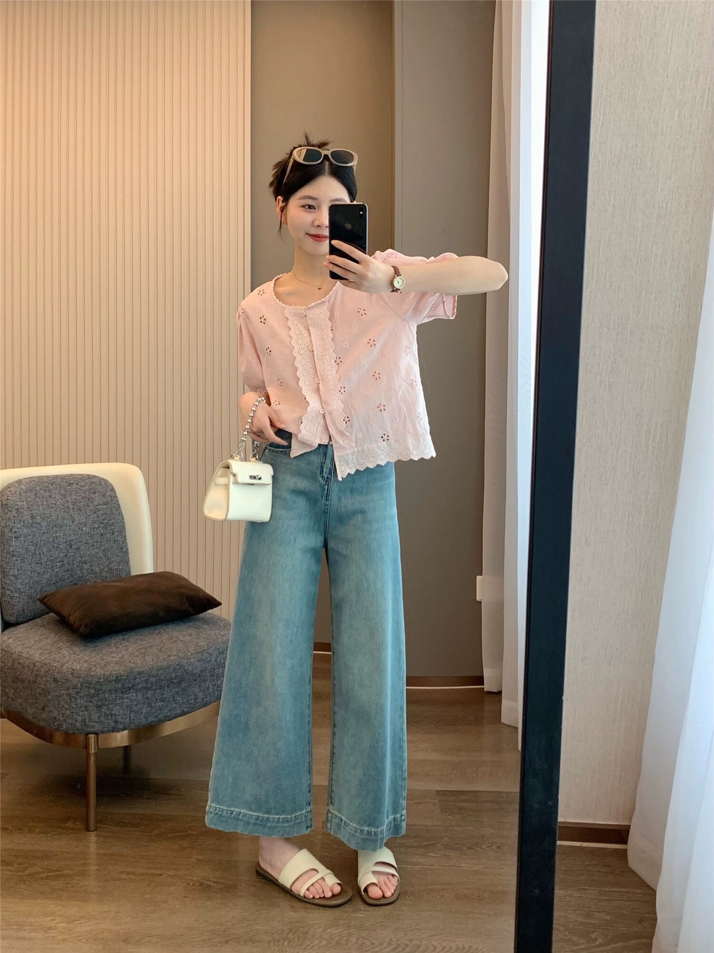 IN BLUE 24 new summer style 100 cotton sweet age-reducing lace round neck flower hollow shirt top