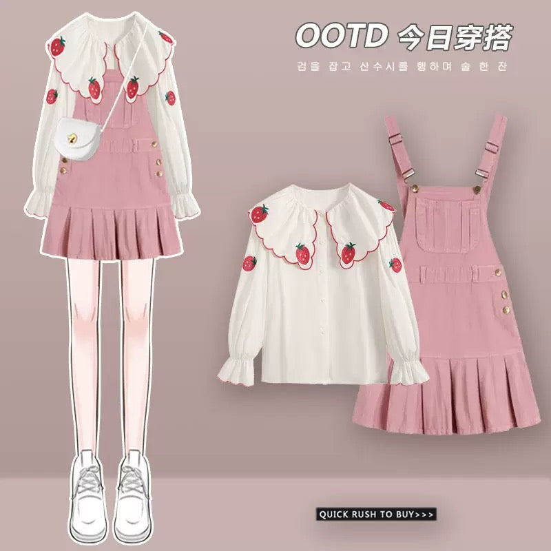 Large size spring professional suit for women, college style outfit, salty or sweet shirt, slimming suspender dress, two-piece suit