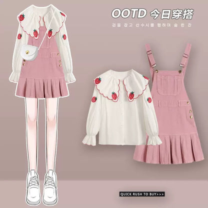 Large size spring professional suit for women, college style outfit, salty or sweet shirt, slimming suspender dress, two-piece suit