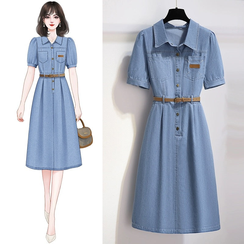 Temperament thin denim dress 2024 new women's summer retro high-end waist slimming jumpsuit
