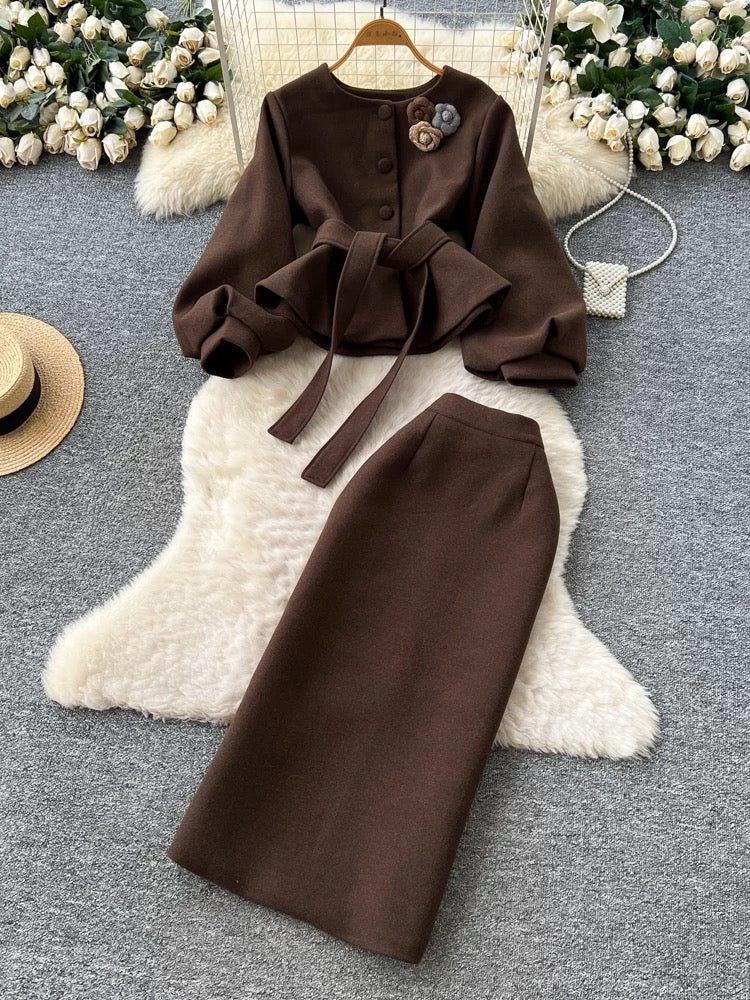 French-style women's autumn/winter sophisticated three-dimensional floral tie-waist lantern sleeve top and high-waisted bodycon skirt