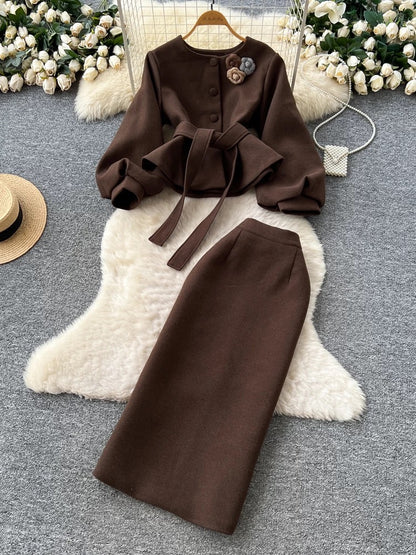 French-style women's autumn/winter sophisticated three-dimensional floral tie-waist lantern sleeve top and high-waisted bodycon skirt