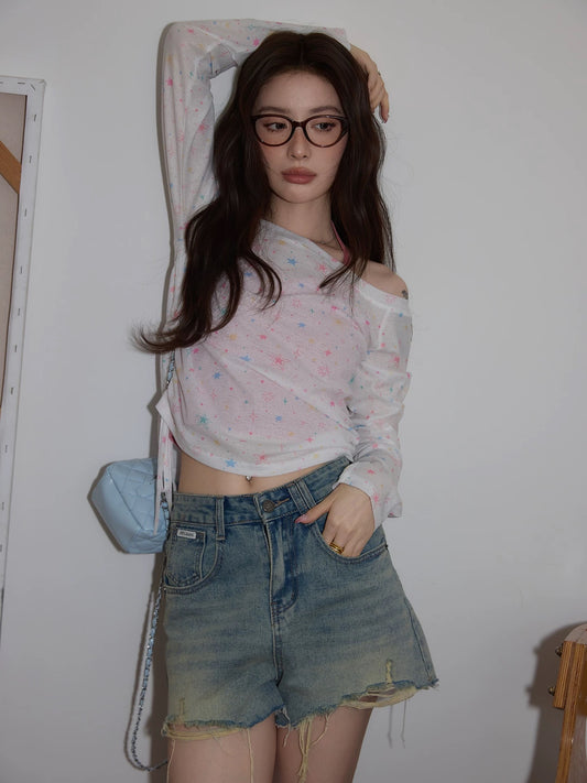 Chaochao Home Retro Design Wide-Leg Jeans for Women, 202, Versatile High-Waisted Loose Straight Leg Casual Shorts