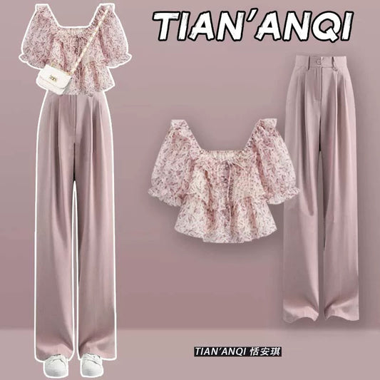 This year's popular slightly fat and thin suits for small people fashionable summer clothes with floral one-shoulder tops and straight pants two-piece suits