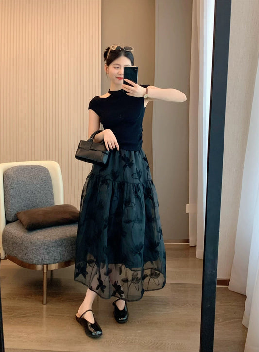 SJ.shop Domestic orders! Heavy flower-burning craftsmanship ~ high-waist slim design organza tutu skirt