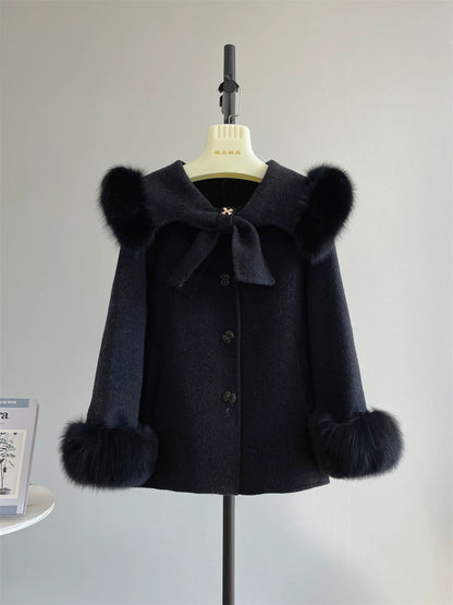 『Ambiguous Period』Rich Girl Feeling Double-sided Wool Plush Coat Women Fox Fur Woolen Coat Women A481