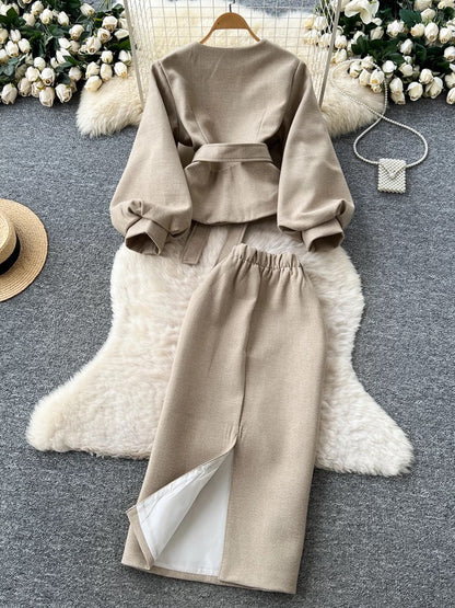 French-style women's autumn/winter sophisticated three-dimensional floral tie-waist lantern sleeve top and high-waisted bodycon skirt