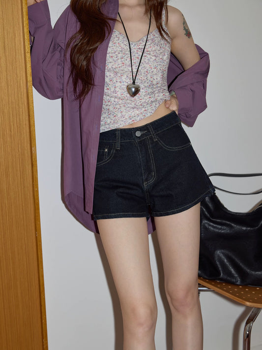 Chaochao's Sweet and Cool Style Dark Blue High-Waisted Denim Shorts Women's 2026 Summer Slim Fit A-Line Hot Pants