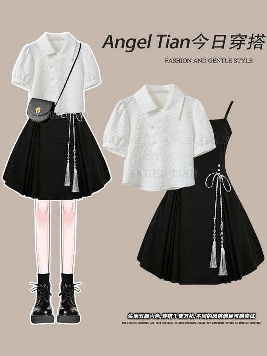 Small summer popular beautiful suit skirt women's large size slim national style white top new Chinese style dress