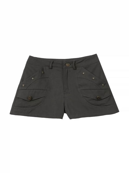 Chaochao's Gray-Green Button Shorts for Women, Summer Outerwear, American Spicy Style Denim Hot Pants, Slimming and Natural Waist